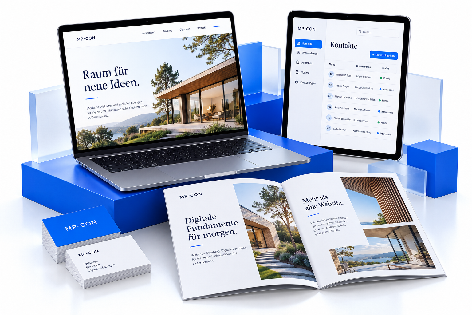 Beispiel für einen abgestimmten Auftritt: Website, CRM, Broschüre und Visitenkarten